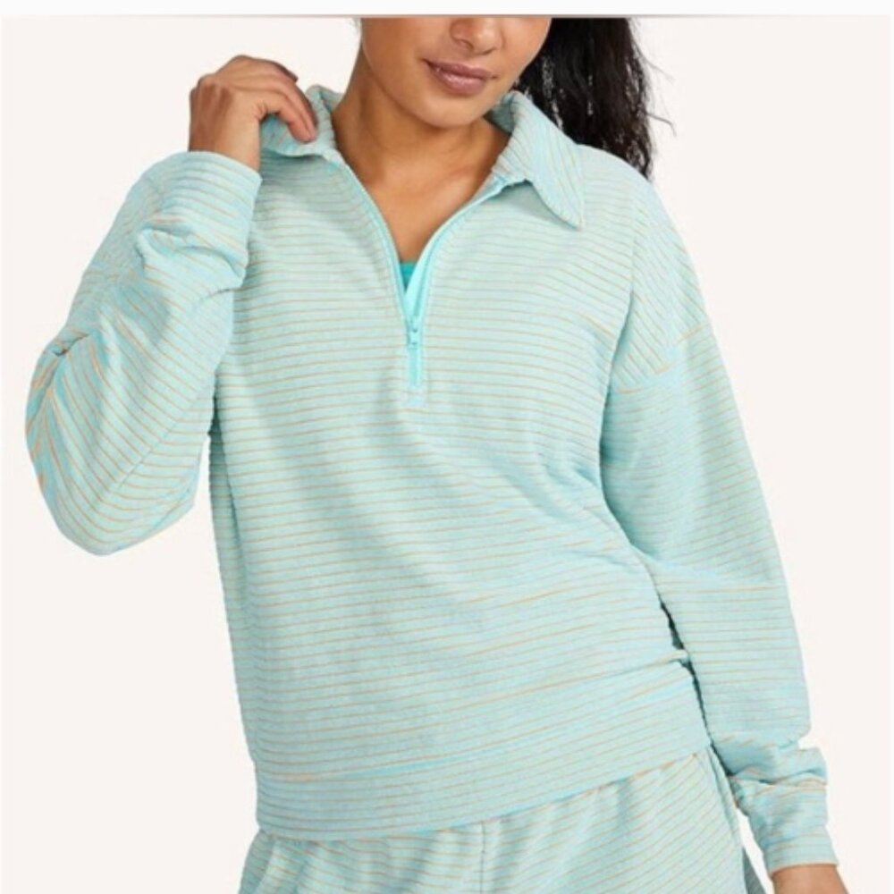 Peloton Aqua and Coral Terry Cloth Striped Pullover Athleisure Loungewear Sz S